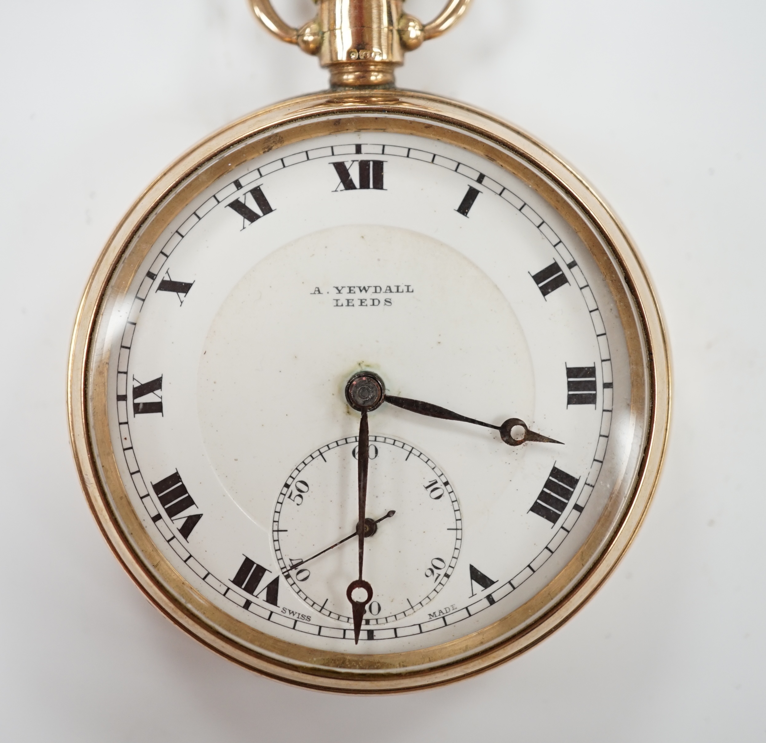 A George V 9ct gold open face keyless pocket watch, retailed by Yewdale of Leeds, with Roman dial and subsidiary seconds, case diameter 48mm, gross weight 79.4 grams.